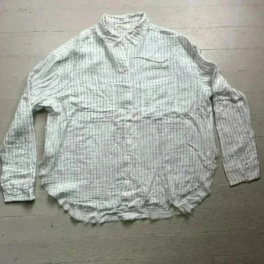 Millibon Long Sleeve ButtonUp W/‎ Blue Grey Stripes Gauze Textured Frayed Bottom